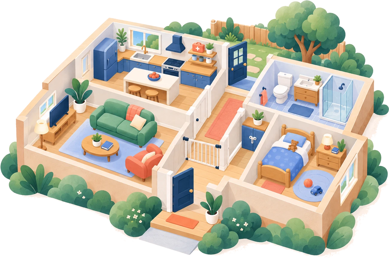 Cutaway illustration of a family home with numbered points at the doors, first-aid supplies, cabinets, gates, bathroom and back door
