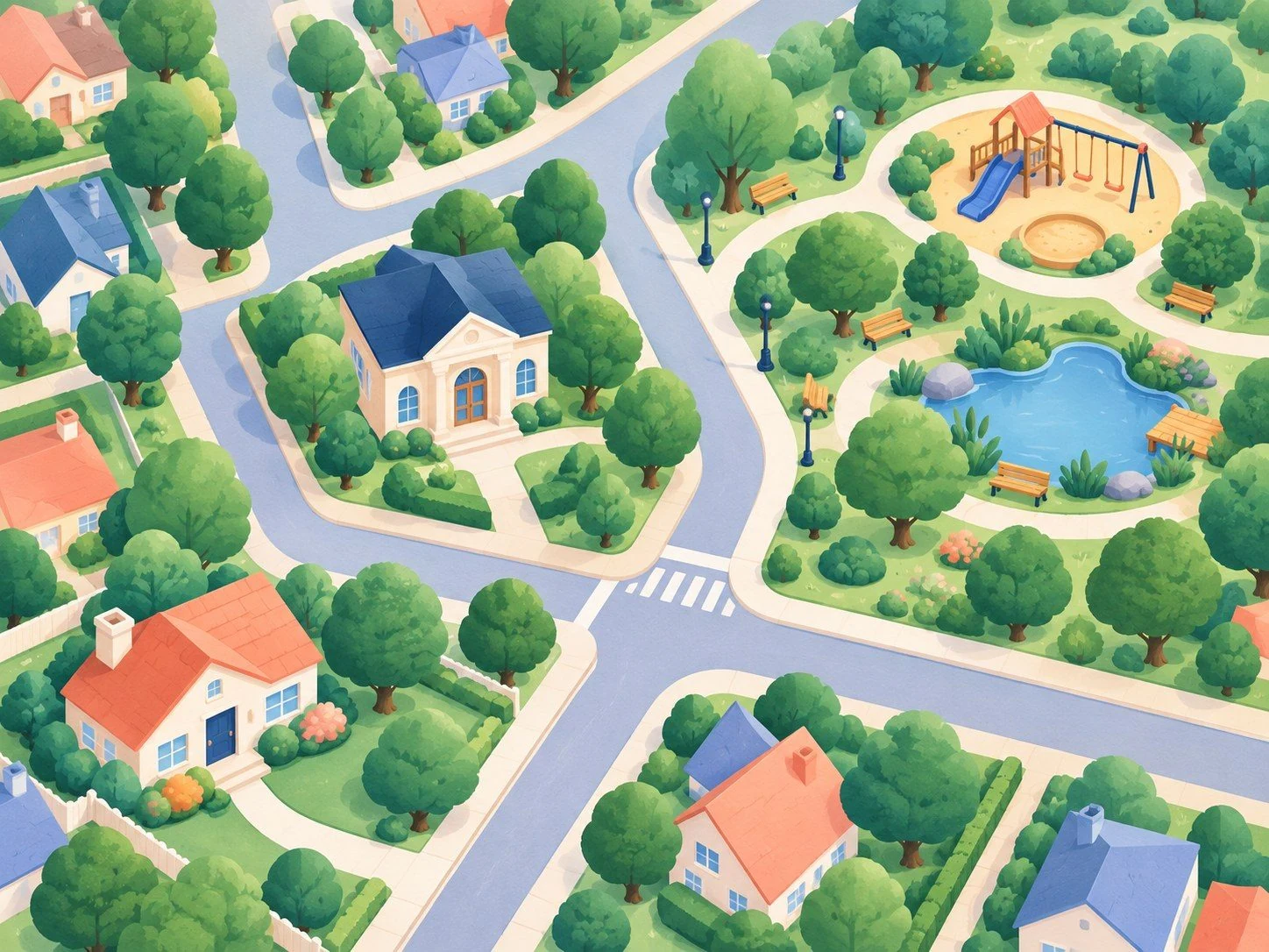 Illustrated neighborhood map with numbered points at a crossing, a pond, a shaded play area and a busy park entrance