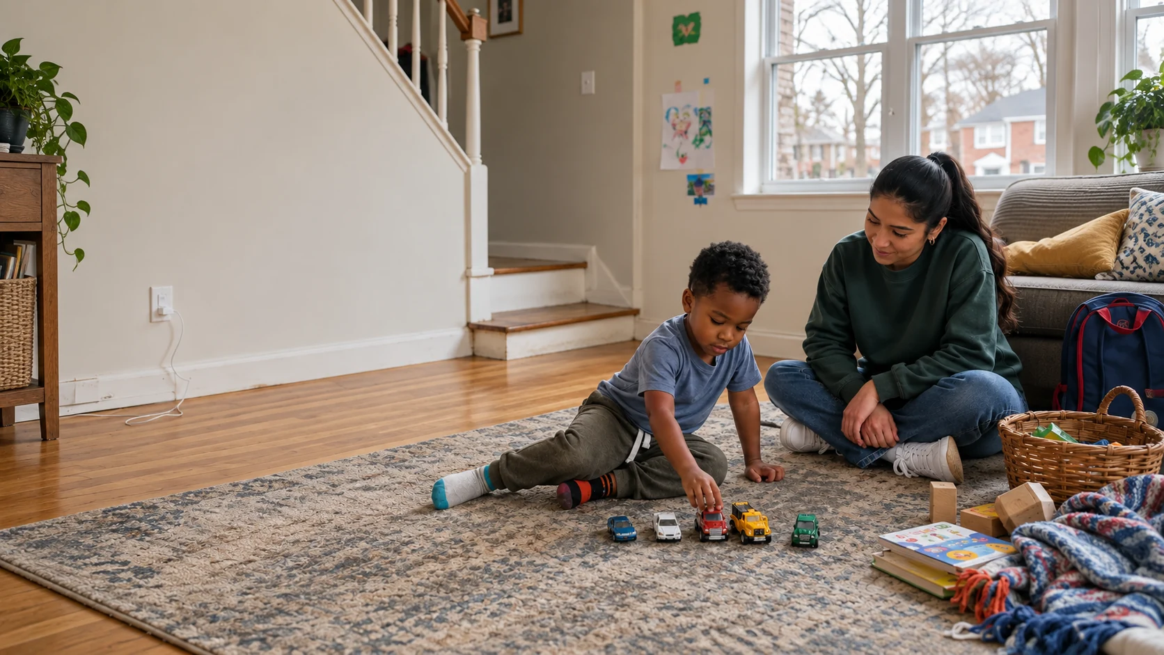 A Care Specialist sitting with a four-year-old who is lining up toy vehicles in a DMV-area home