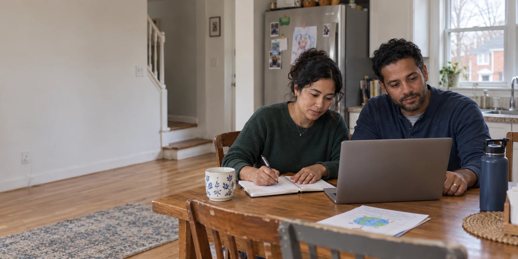 Two parents planning their week together at a table with a laptop and notebook