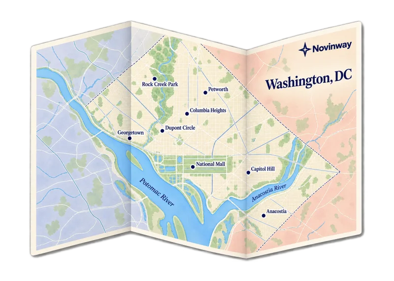 Illustrated map of Washington, DC neighborhoods: Georgetown, Dupont Circle, Columbia Heights, Petworth, Capitol Hill and Anacostia