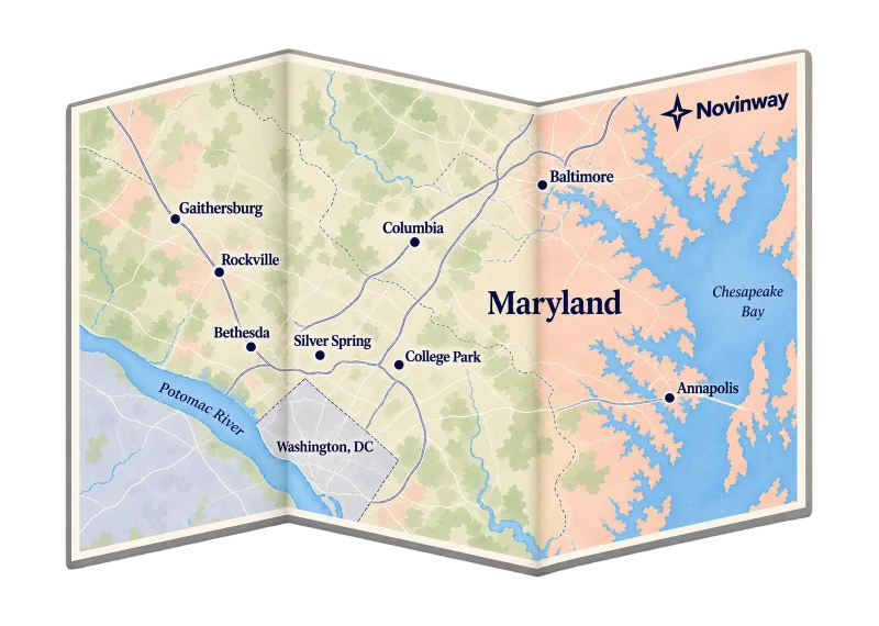 Illustrated map of the Maryland service area, from Gaithersburg and Rockville to Silver Spring, Columbia and Baltimore