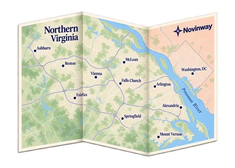 Illustrated map of Northern Virginia, from Ashburn and Reston to Fairfax, Arlington and Alexandria