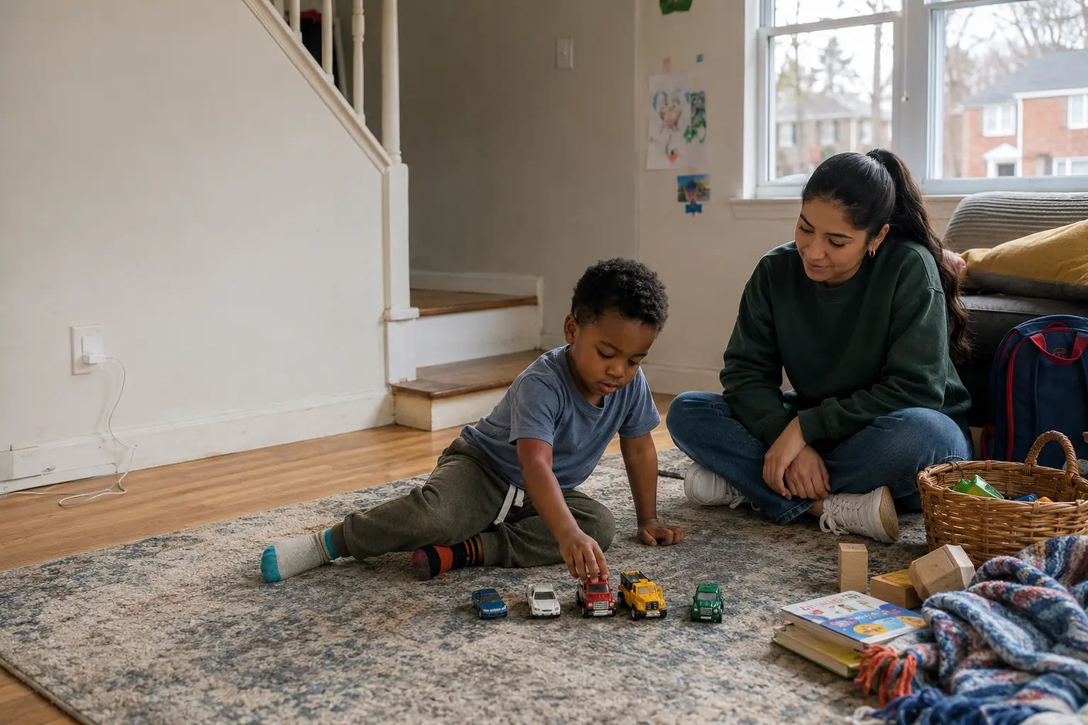 A Care Specialist sitting with a four-year-old who is lining up toy vehicles in a DMV-area home
