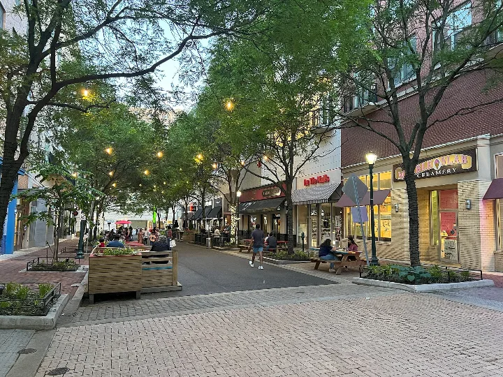 A tree-lined pedestrian street in Rockville Town Square, Maryland