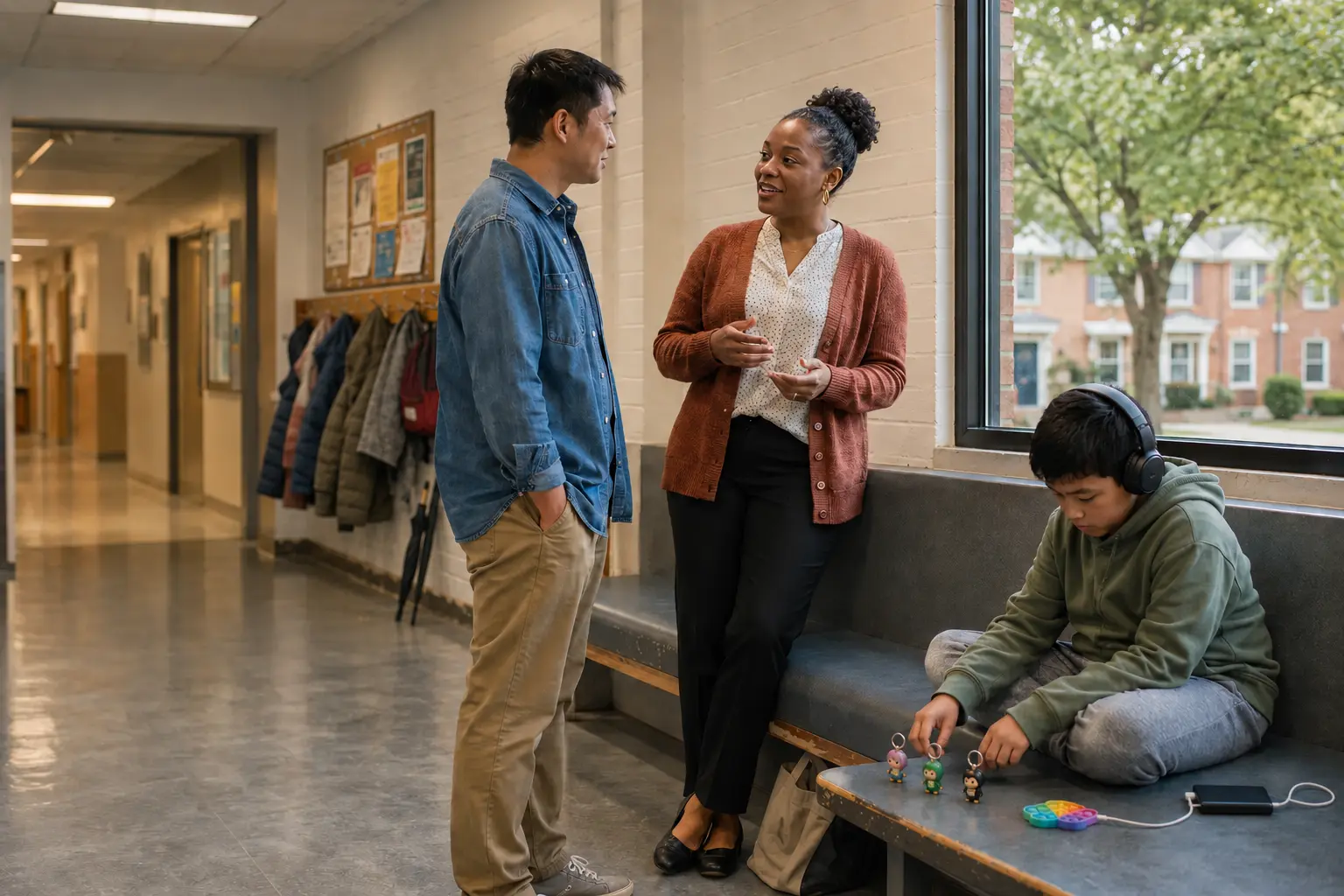 A parent and community provider talking while a child lines up small figures in a Maryland community building