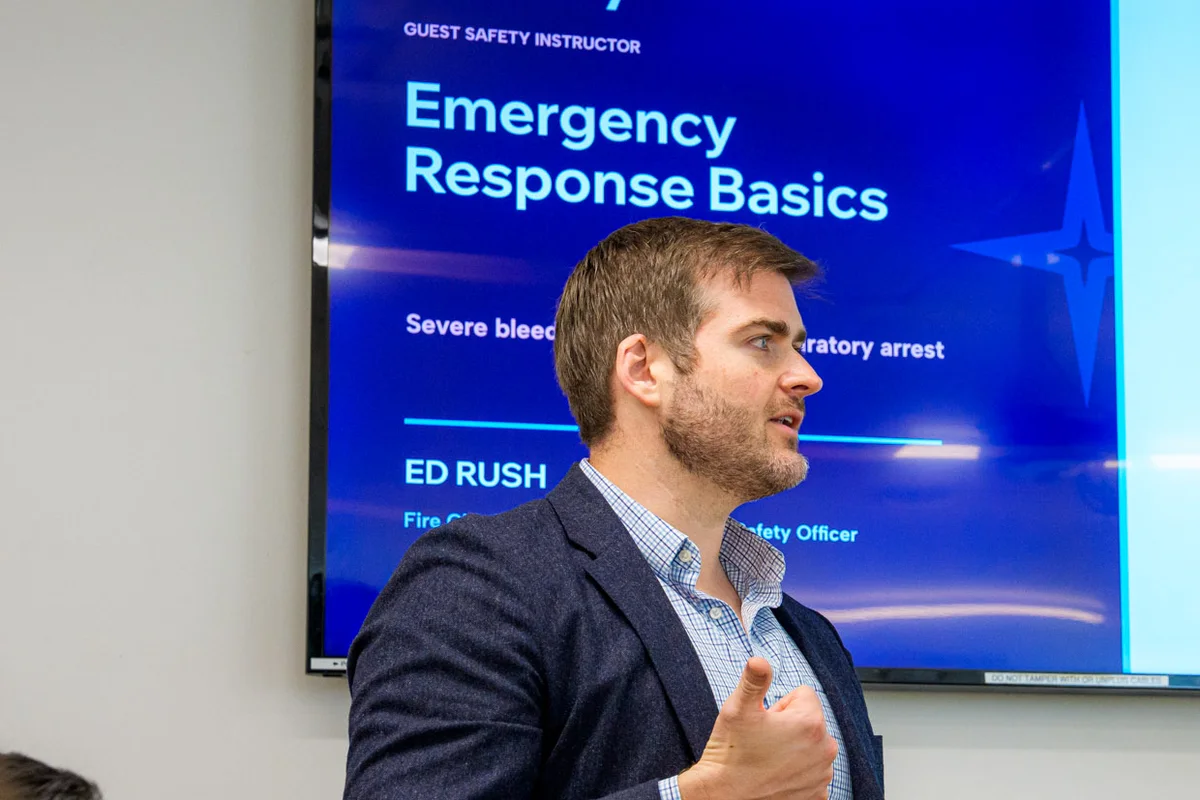 Jeff Moeller introducing a guest safety instructor at Care Specialist training